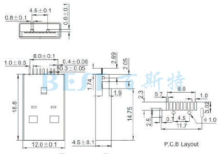 USB插座USB-A-02 3.0参考图纸