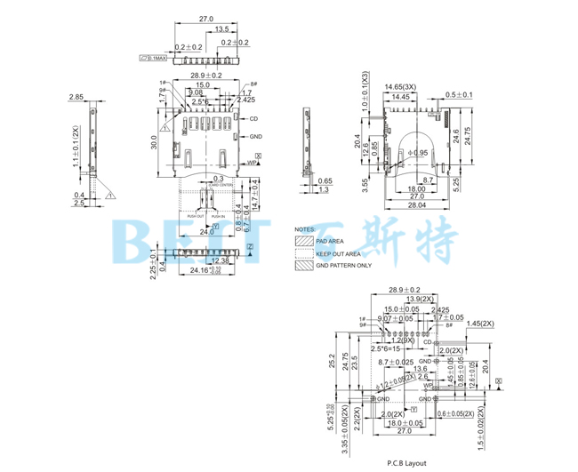 SD卡座SD-FSK-11G参考图纸